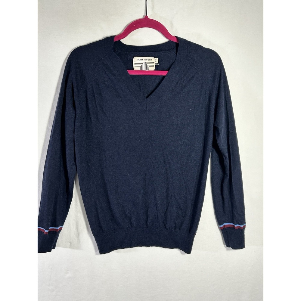 Tory Sport Cashmere Coolmax Blend V-Neck Sweater Navy Blue Stripe Cuff Sz XS